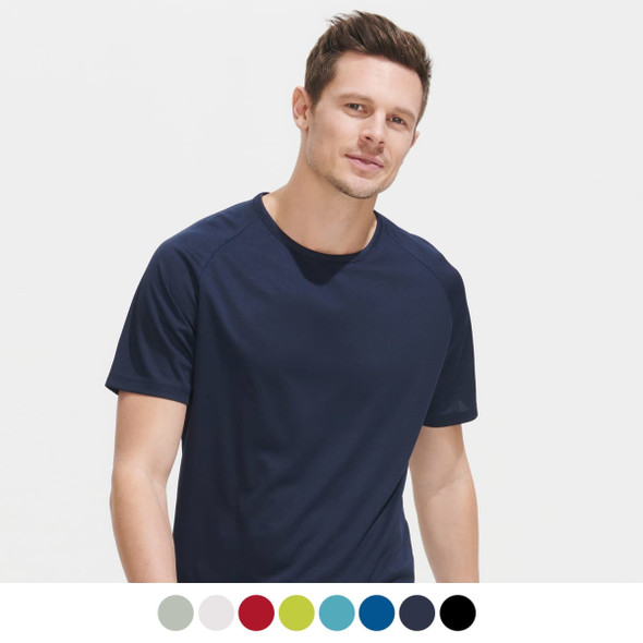 A navy blue sporty men's T-shirt featuring short sleeves and a subtle logo. Available in multiple colour options.