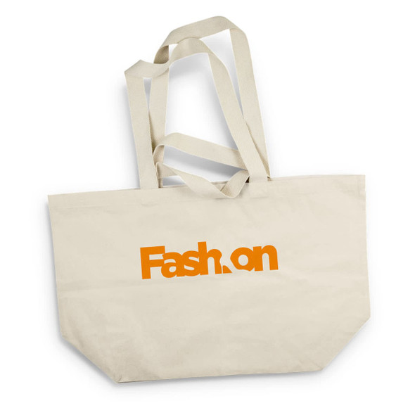 A cream tote bag with orange text and longer straps. The bag has a logo on one side.