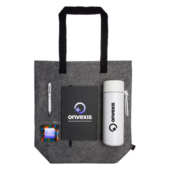 A grey tote bag containing a pen, notepad, drink bottle, and a pack of colourful treats, featuring a logo.