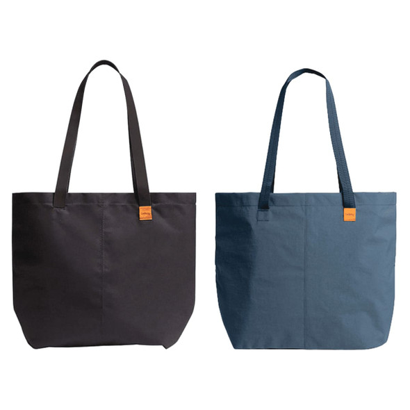 A black and a blue tote bag are displayed side by side, each featuring a small logo.