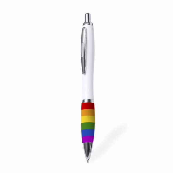 A pen with a white body and a rainbow-striped grip features a shiny silver clip. It includes a branding logo.