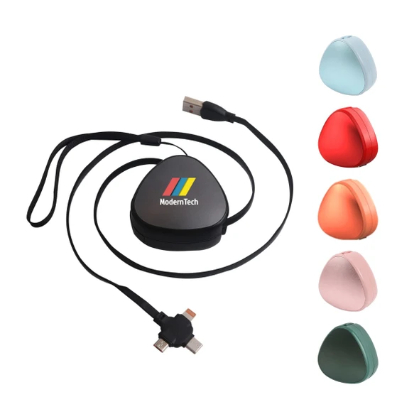 A portable 3-in-1 retractable charging cable in various colours with a logo on the casing.