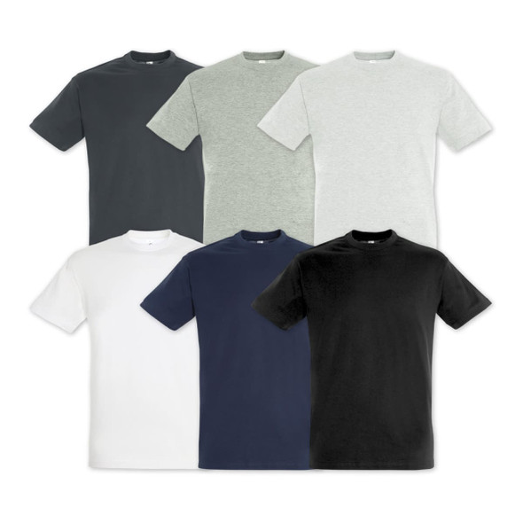 A set of six adult T-shirts in black, white, grey, navy, and charcoal, featuring varying colours and a logo.