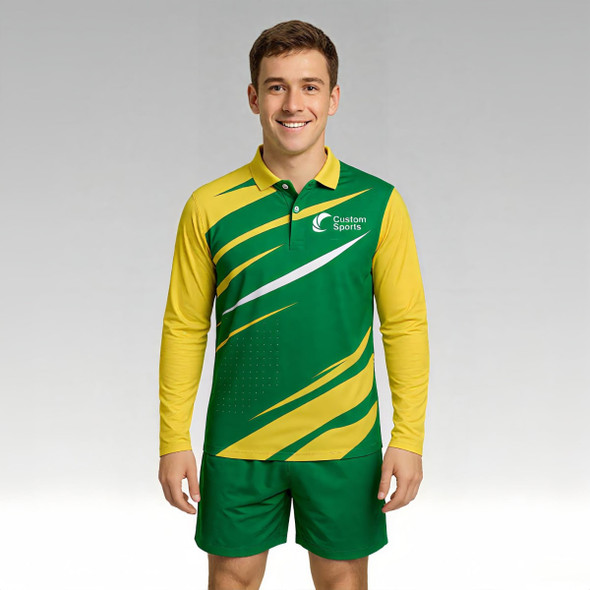 A long sleeve polo shirt in green and yellow with a logo and dynamic design elements.