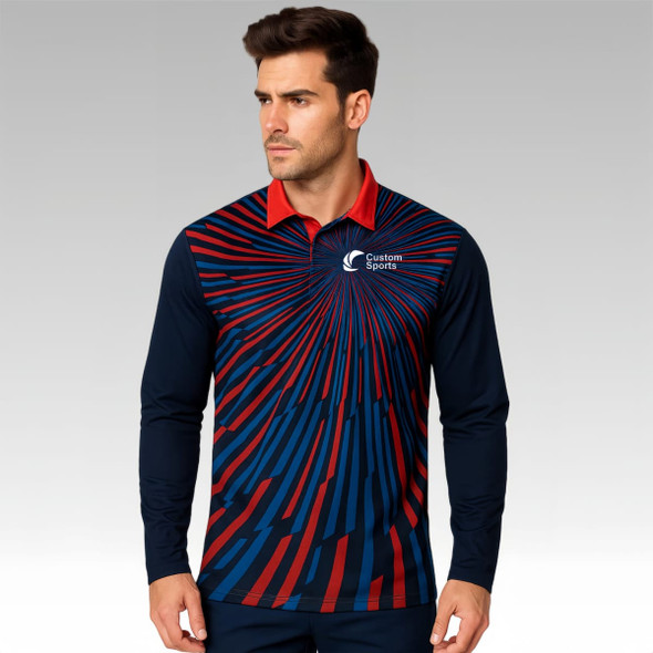 A long-sleeve polo in navy blue with red and blue graphic patterns, featuring a logo on the chest.