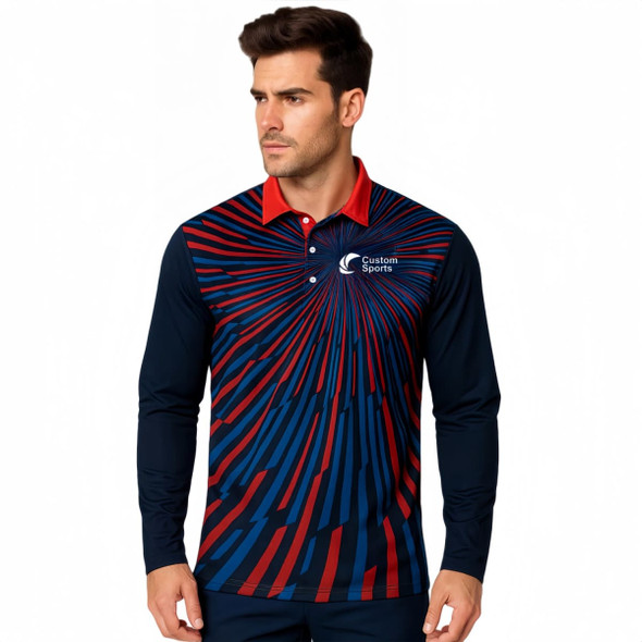A long-sleeved polo in navy blue, red, and blue with a dynamic striped design and a logo.