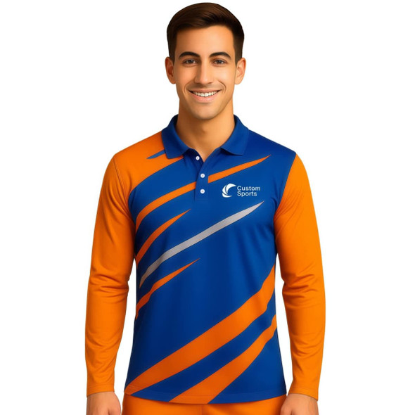A long-sleeved polo shirt in blue and orange with a logo, featuring a dynamic design.