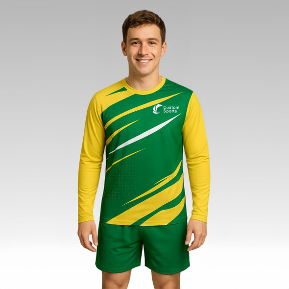 A model wears a green and yellow 100% polyester micro mesh long-sleeve sports shirt with a logo.