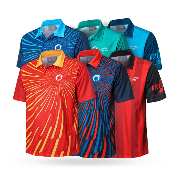 A collection of seven polo shirts in various colours, featuring bold patterns and one logo on each shirt.