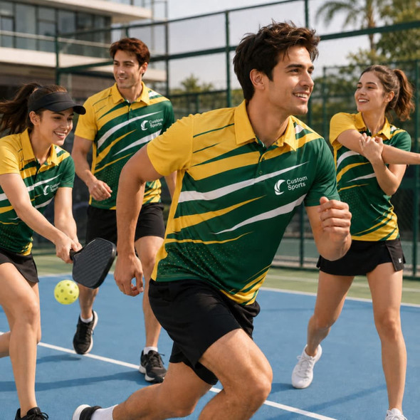 A group of four people wearing green and yellow 100% polyester sublimated sports polo shirts on a tennis court.