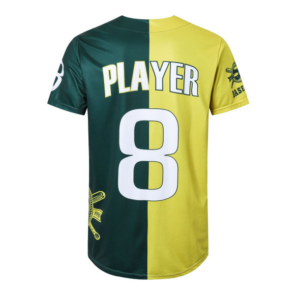 A full-button baseball jersey in green and yellow, featuring a logo and the number 8.