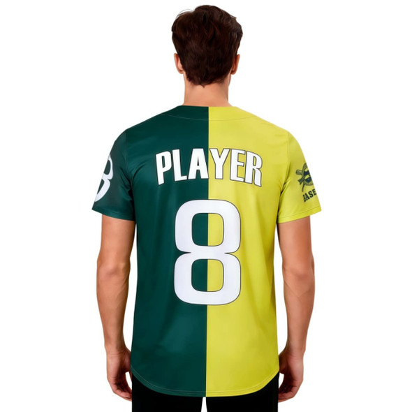 A full-button baseball jersey featuring a split design in green and yellow, with a logo and the number 8.