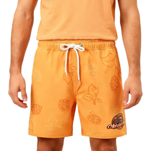 Men's orange polyester spandex swim shorts featuring a leaf pattern and a logo on the front.