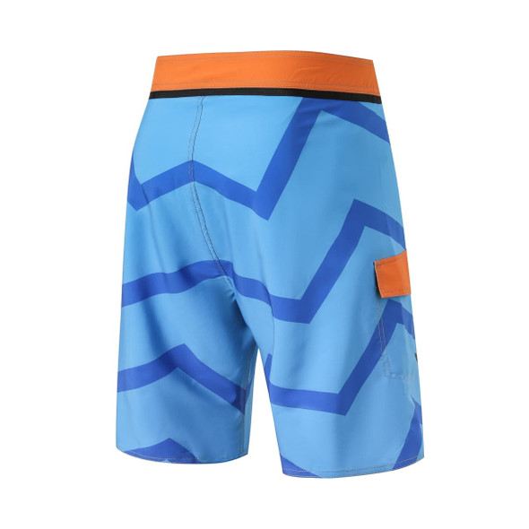 Knee-length swim shorts in blue with a zigzag pattern and orange accents, featuring a side pocket and a logo.