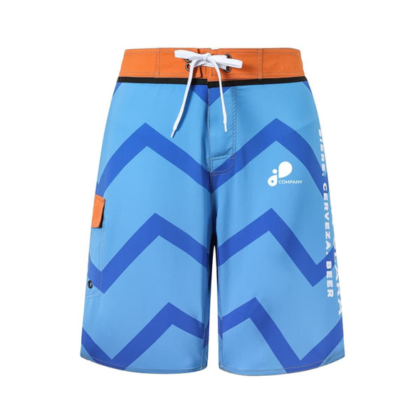 Knee-length men's swim shorts in blue with zigzag patterns and orange accents, featuring a logo on the side.