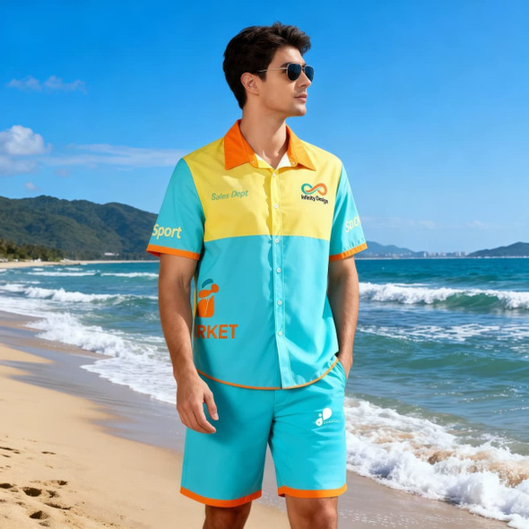 A men's button-up shirt in aqua and yellow, featuring a logo, worn on the beach with shorts.