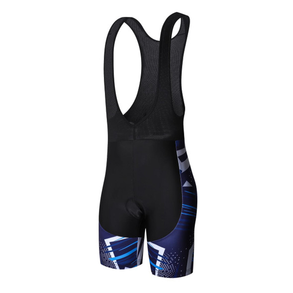 Men's cycling bib shorts in black with blue and white graphic details, featuring a fitted design and mesh straps.