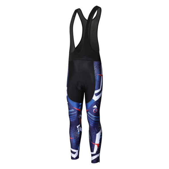 Men's cycling bib tights in black and blue with a graphic design, featuring a logo on the front.
