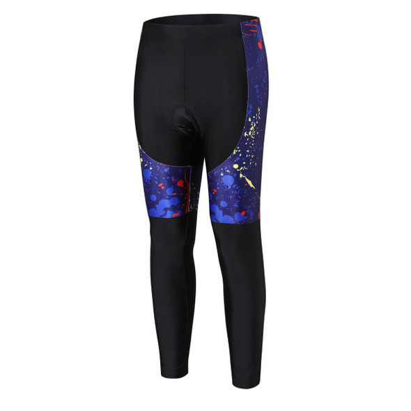 Men's cycling tights in black with vibrant blue and colourful abstract patterns. Features a logo on the side.