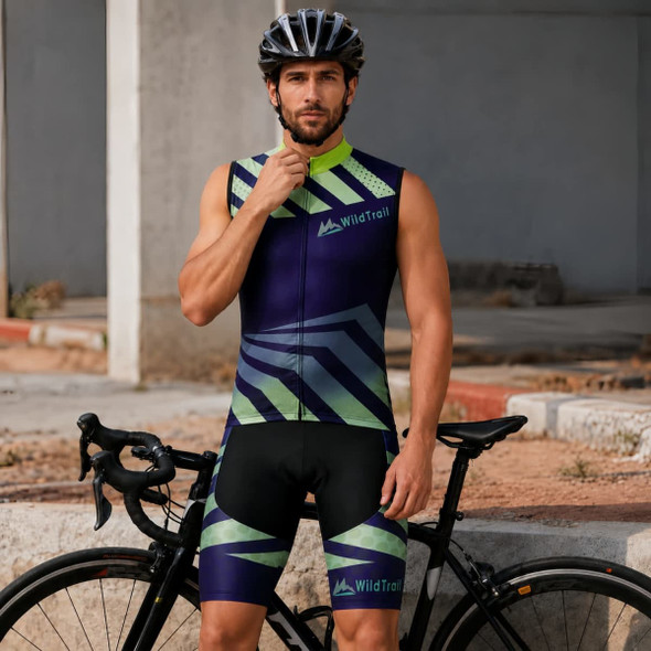 A man's cycling vest in purple and green with geometric patterns, worn with a helmet next to a bicycle.