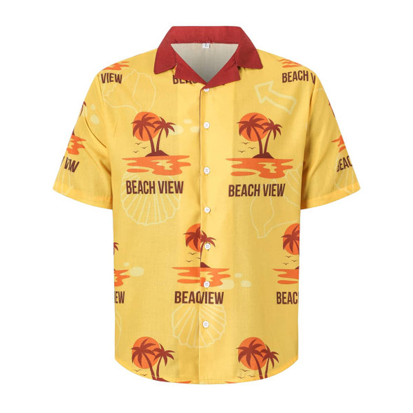 A yellow Cuban collar shirt with a red collar, featuring palm trees, shells, and sunset graphics. It has a logo.