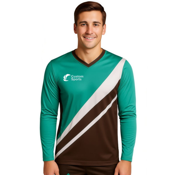 A long-sleeved football jersey in teal and brown, featuring a sleek design and a logo on the upper left side.