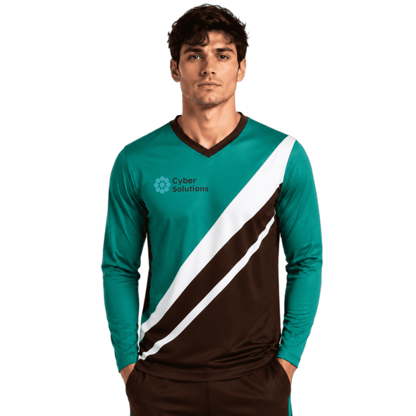 A unisex long-sleeve sports jersey in teal and brown, featuring a logo on the front.