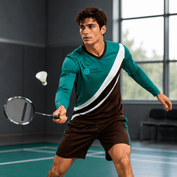 A unisex long-sleeve sports jersey in teal and brown with a logo, designed for active sports.