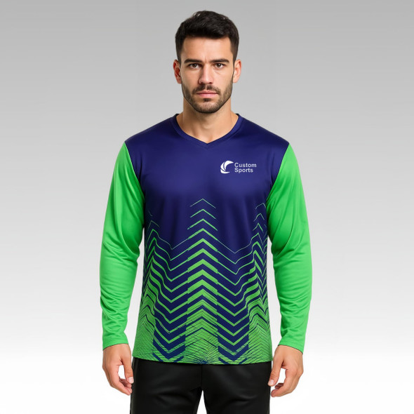 A long-sleeved V-neck shirt in navy blue and green, featuring a zigzag pattern and a logo.