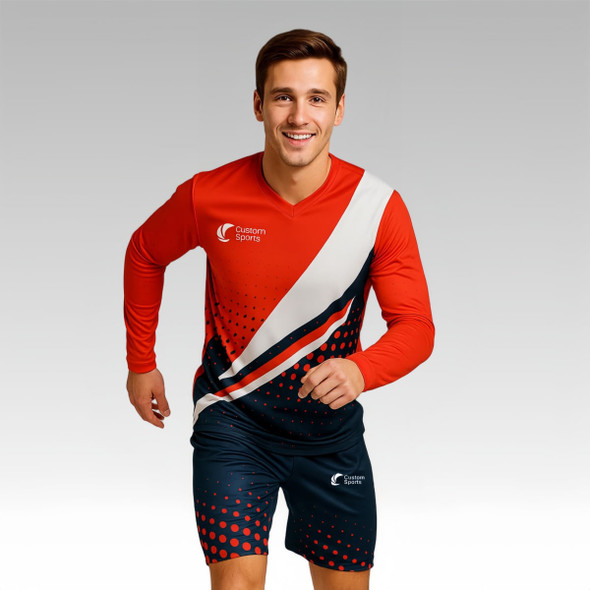 A unisex, long-sleeve football jersey in red and navy with a stylish design and a logo. Made from 100% polyester micro mesh.