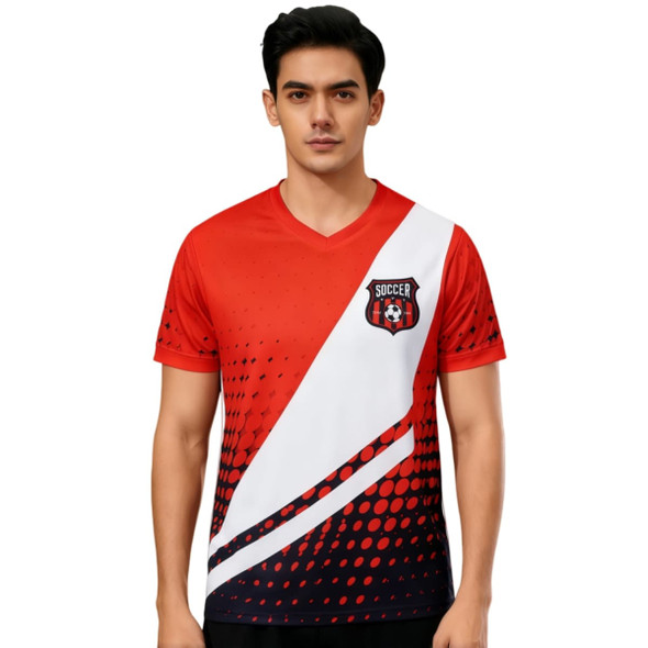 A red and white unisex football jersey made of 100% polyester, featuring a logo and a contemporary design.