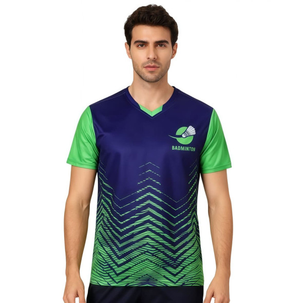 A unisex adult T-shirt featuring a blue body with green sleeves and a geometric design. It includes a logo.