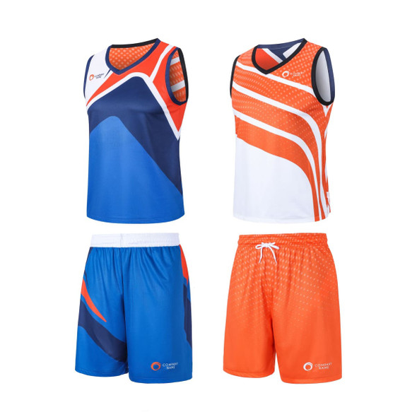 Reversible basketball shorts in blue and orange with patterned designs, accompanied by matching sleeveless tops.