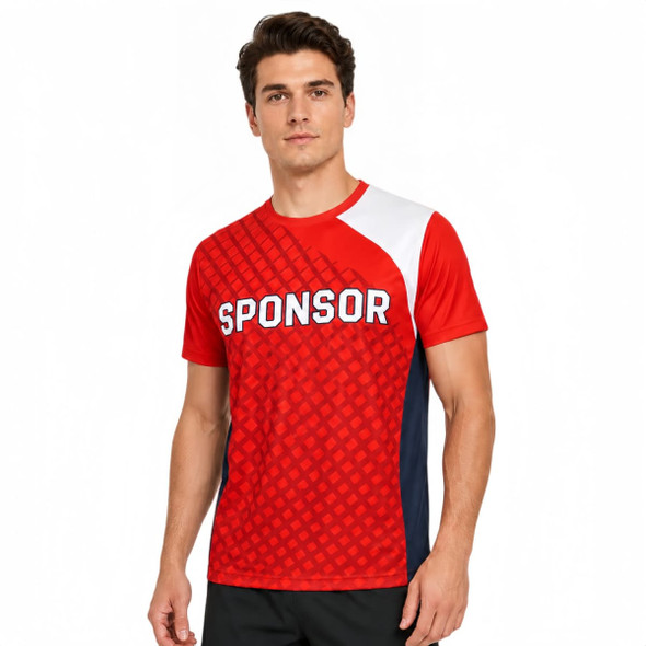 A red and navy reversible sports jersey featuring a geometric pattern and a logo on the front.