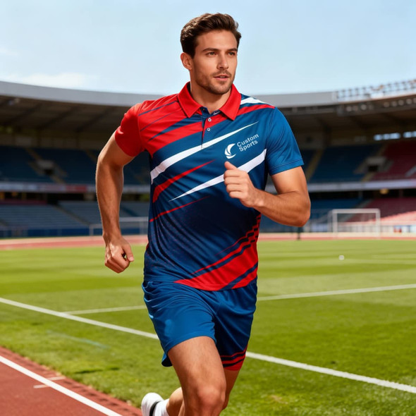 A man models unisex adult soccer shorts in blue and red, with a logo on the top, shown in a sports stadium.