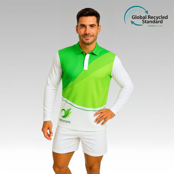A model wearing a green and white long-sleeved polo shirt made from recycled material, featuring a logo. A model wearing a green and white long-sleeved polo shirt made from recycled material, featuring a logo.