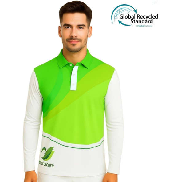 A long-sleeved polo shirt in green and white, featuring a logo and a recycled materials standard badge.