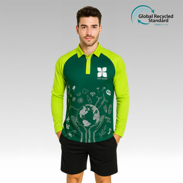 A man wearing a green and black long-sleeve polo with a design featuring eco-friendly symbols and a logo.