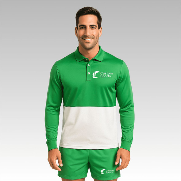 A model wearing a green and white long-sleeve polo with a logo. The outfit features a matching short set.