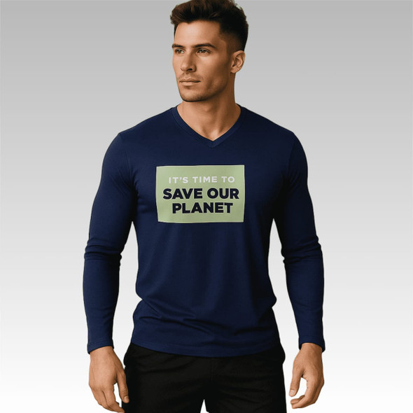 A navy V-neck long-sleeved shirt made from RPET Milk Silk featuring a front logo.