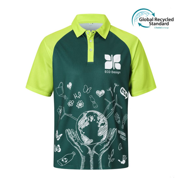 A green and lime unisex RPET sublimated raglan polo shirt featuring a logo and eco-themed design elements.