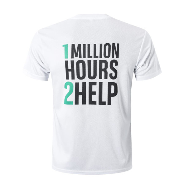 A white unisex RPET sublimated round-collar tee shirt with a large graphic on the back and a logo.