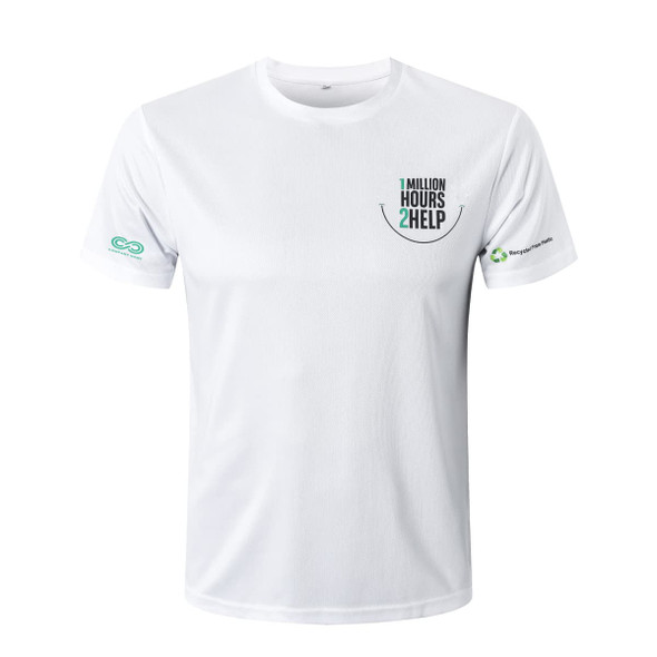 A white unisex RPET sublimated round-collar tee shirt with logo detailing on the front and sleeve.