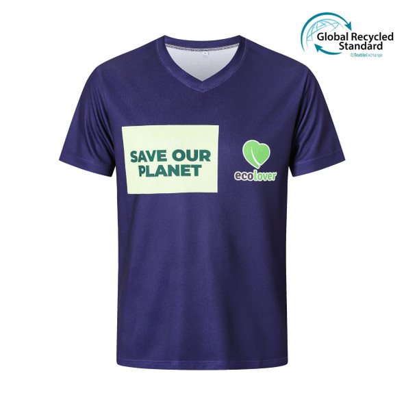 A navy blue unisex V-collar tee shirt made from recycled materials, featuring a logo and eco-friendly message.