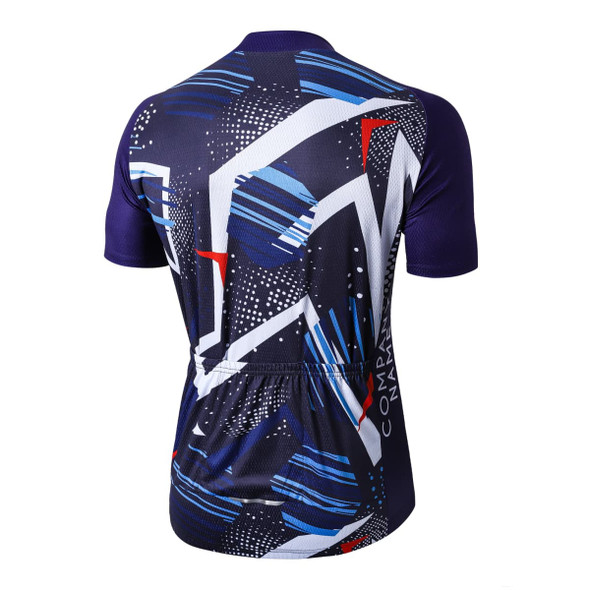 A navy and white unisex cycling jersey with short raglan sleeves and a geometric pattern. Features a logo on the back.