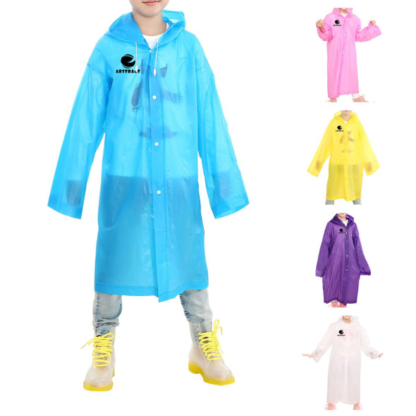A child wearing a blue EVA reusable raincoat, with options in pink, purple, and white in the background.