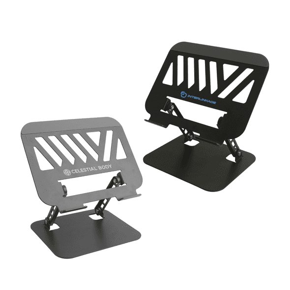 A foldable metal laptop stand in black, featuring a logo and adjustable angle for ergonomic use.