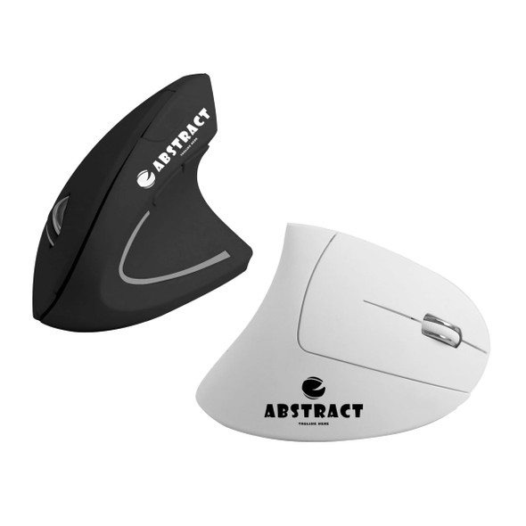 An ergonomic wireless mouse in black and white, featuring a logo on each design.