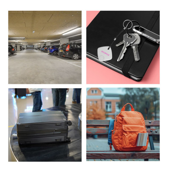 A collection of four images featuring a parking garage, keys attached to a locator tag, a silver suitcase, and an orange backpack.
