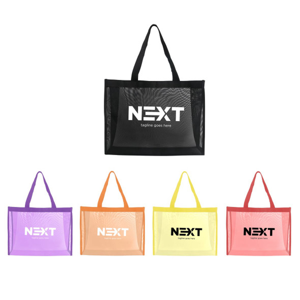 A black tote bag with transparent mesh, accompanied by purple, orange, yellow, and pink mesh tote bags. Branding visible.